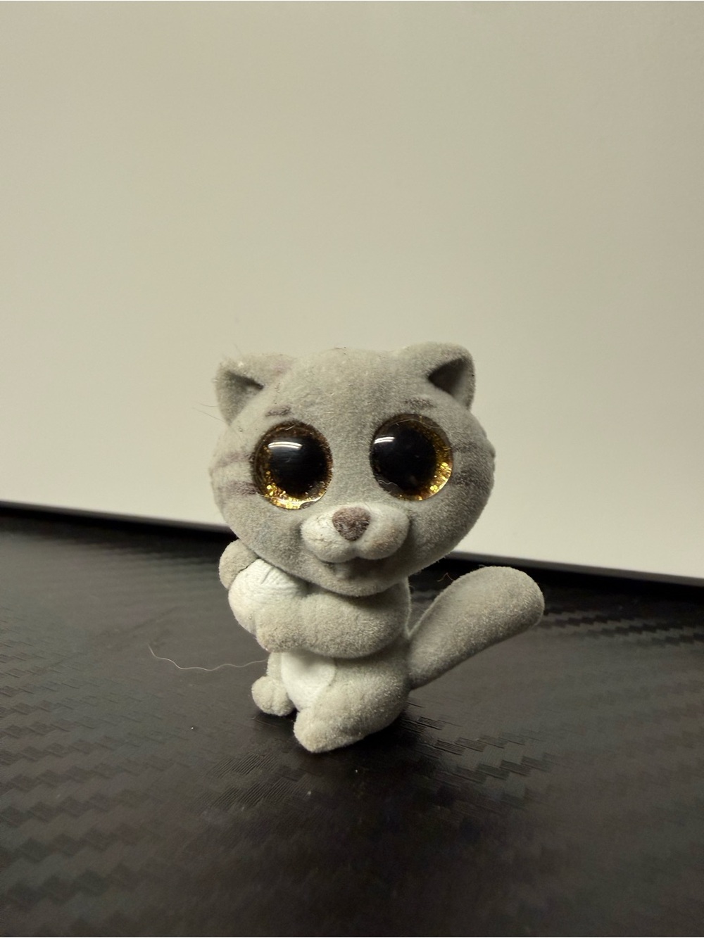 Small Grey Flocked Cat Figure Gold Glitter Eyes